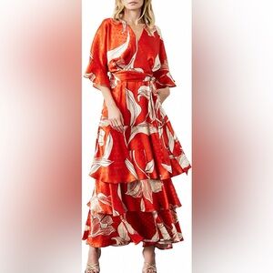 Elegant Backless Red Floral Dress